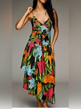 Farm Rio V-Neck A-Line Linen Midi Dress
